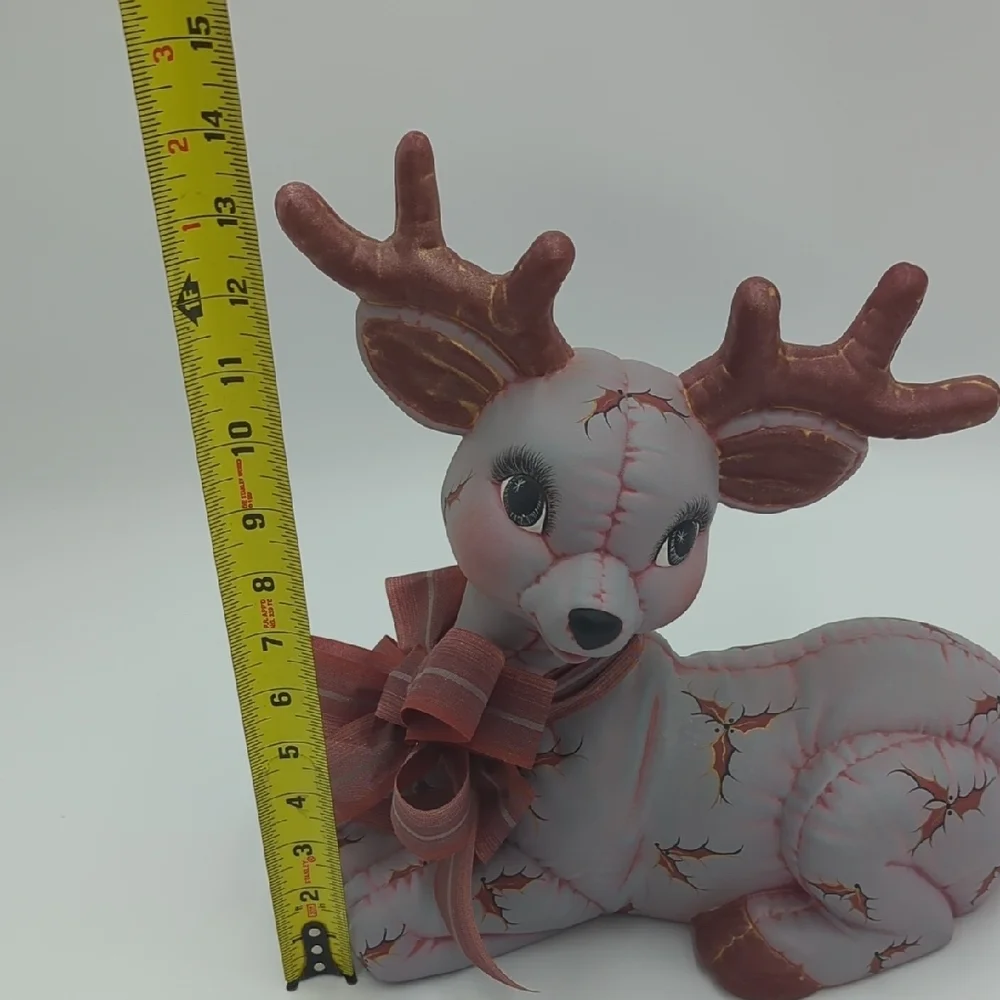 Vintage Ceramic Mold Reindeer Christmas  Handpainted Bow Purple Brown Quilted